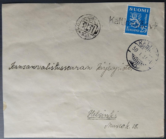 Pp-leima KALTIMOJÄRVI/ mlk-leima 3831 kirjeellä 1954