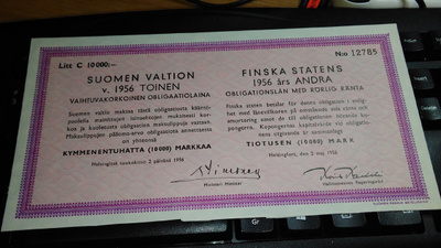 Suomi Obligaatio LittC 10000mk 1956 26/6
