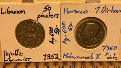 Libanon 50 piasters 1952 & Morocco 1 Dirham 1960.