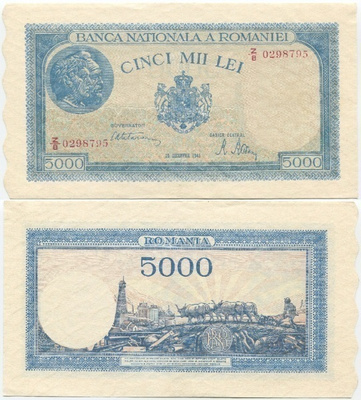 Romania 5000 Lei 1945 (P-56) UNC, Z/8-prefix (korvaava?)