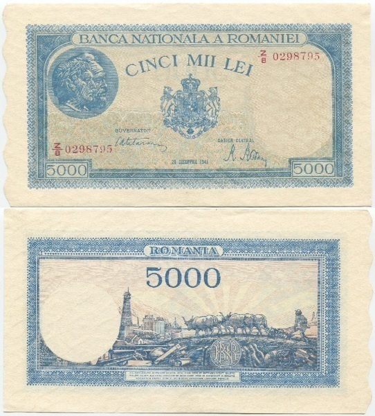 Romania 5000 Lei 1945 (P-56) UNC, Z/8-prefix (korvaava?)