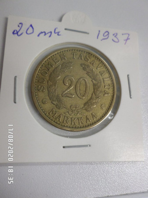 20  mk 1937  Alumiinipronssia  Rahakehyksessä Kl 7-8