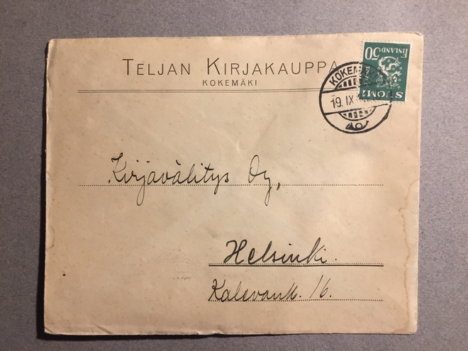 Firmakuori Teljan Kirjakauppa, Kokemäki 1933