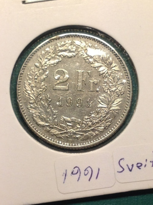 Sveitsi kolikko 2 frangia 1991 Katso kuvaus.