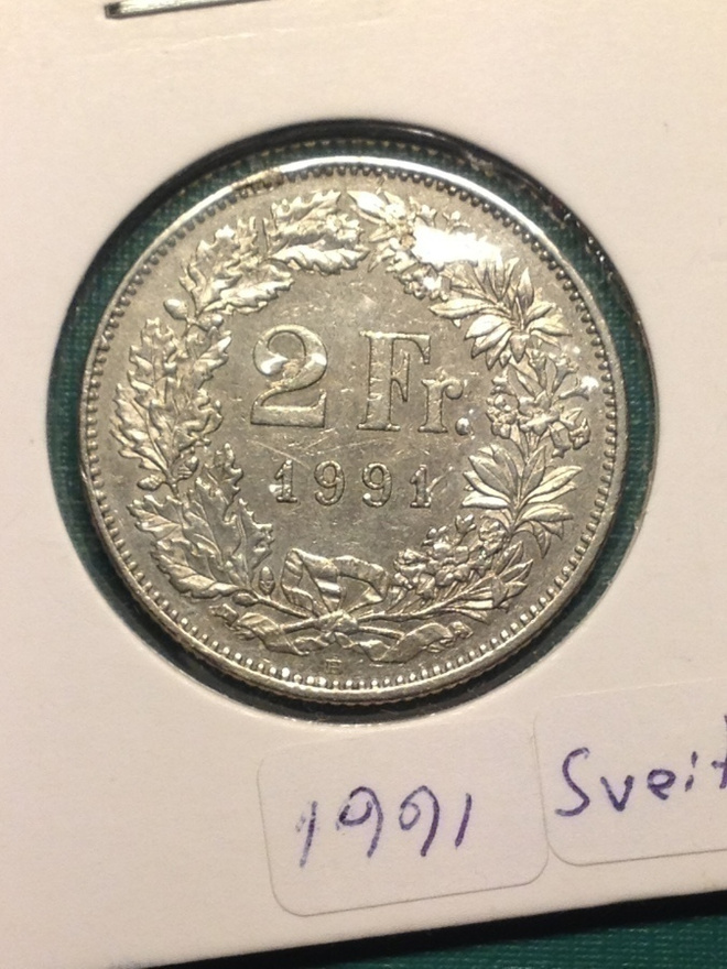 Sveitsi kolikko 2 frangia 1991 Katso kuvaus.