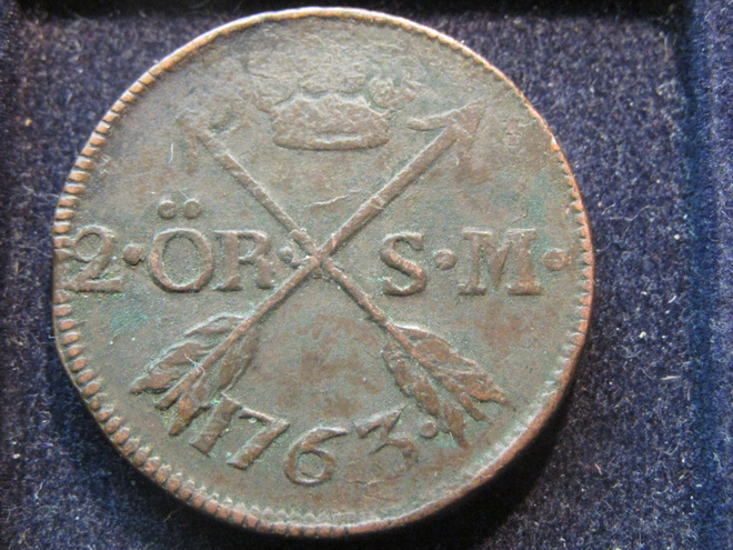 2 öre 1763 SM. Adolf Frederik . Ruotsi-Sweden
