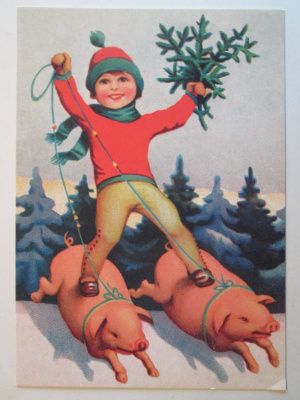 KULKEMATON POIKA KAHDEN POSSUN KYYDISSÄ VANHA KORTTI UP