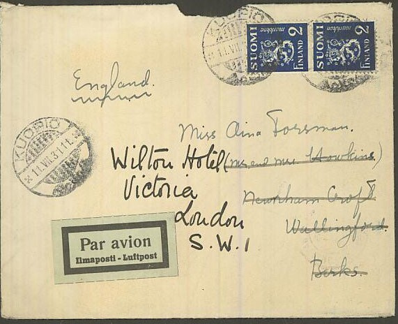 1930 2mk sininen leijona pari lentokirje Englantiin