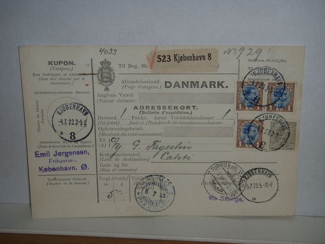 Tanska: Pakettikortti Suomeen 1923