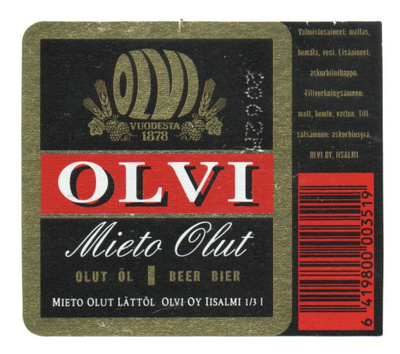 OLVI  OY iisalmi. Mieto olut I Etiketti.