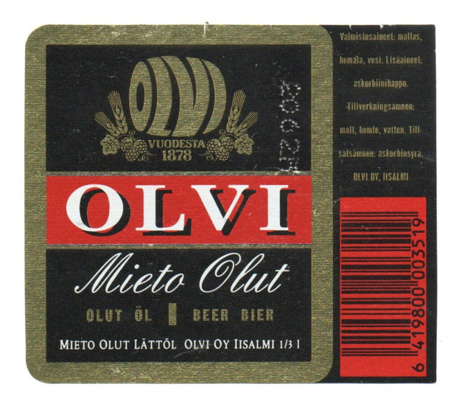 OLVI  OY iisalmi. Mieto olut I Etiketti.