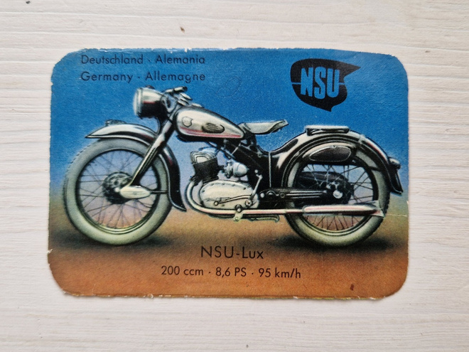Kiiltokuva NSU Lux -moottoripyörä – 60/70-luvulta