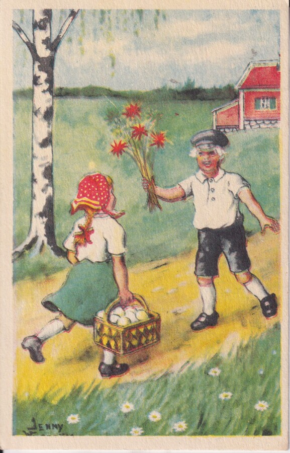 Hauskaa  Pääsiäistä. Tyttö, munakori, Jenny Nyström .  e212