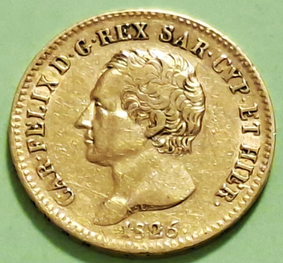 Sardinia 20 Lira 1826 kulta raha, harvinainen, keräilyyn.