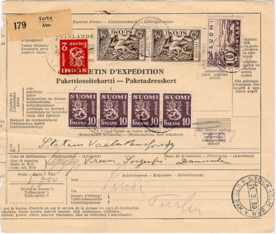 1939 postipaketti Tanskaan via Suède