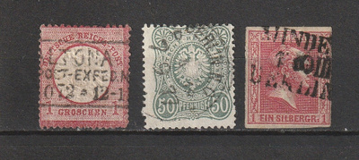 Saksa 1872-77 ja Preussi 1857 kolme merkkiä leimattuna