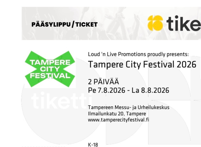 Tampere City Festival 2kpl pe-la liput