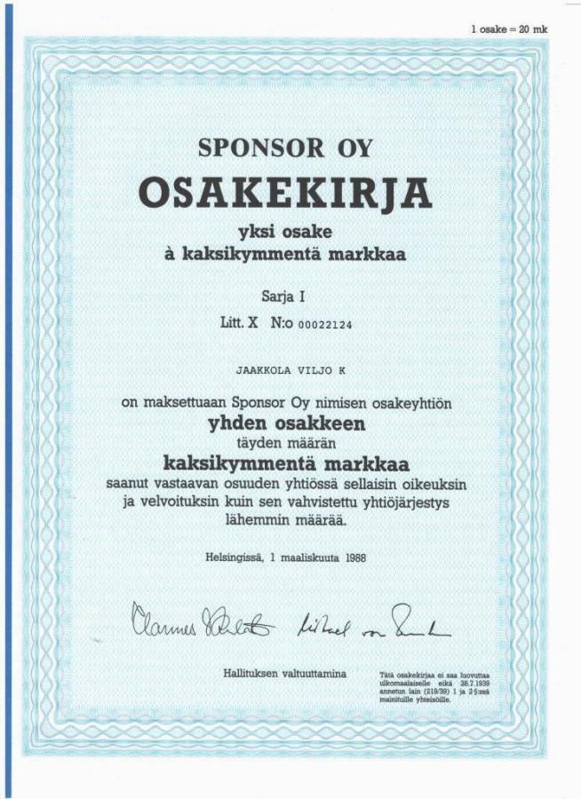 OKK 1988 Sponsor Oy, Helsinki pörssi osakekirja