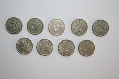 Suomi 1mk 1964-1968, 9kpl hopearahoja