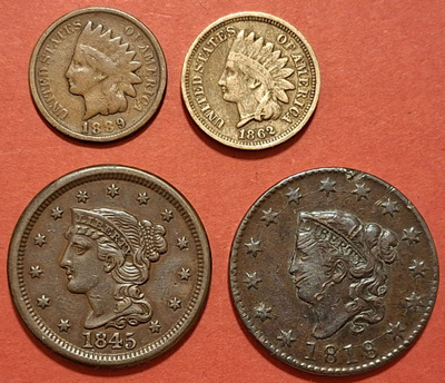 USA vanhoja rahoja: 1 Cent 1818, 1845, 1862 ja 1889. (KD13)