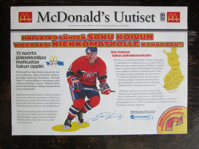 SAKU KOIVU MCDONALDS MAINOS VUODELTA 1998 29x21 cm