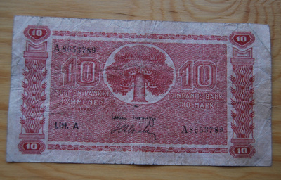 Sota-ajan seteli 10 markkaa 1945 Suomen pankki