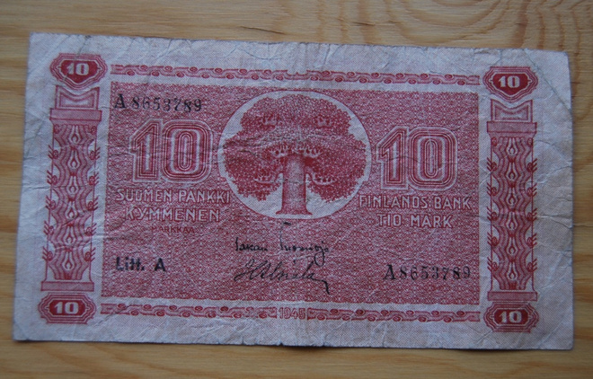 Sota-ajan seteli 10 markkaa 1945 Suomen pankki