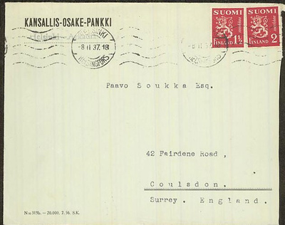 M30 1937 kirje - Englantiin - KOP:n firmakuori