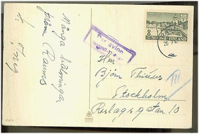 1946 Tammisaari lentokortti Ruotsiin