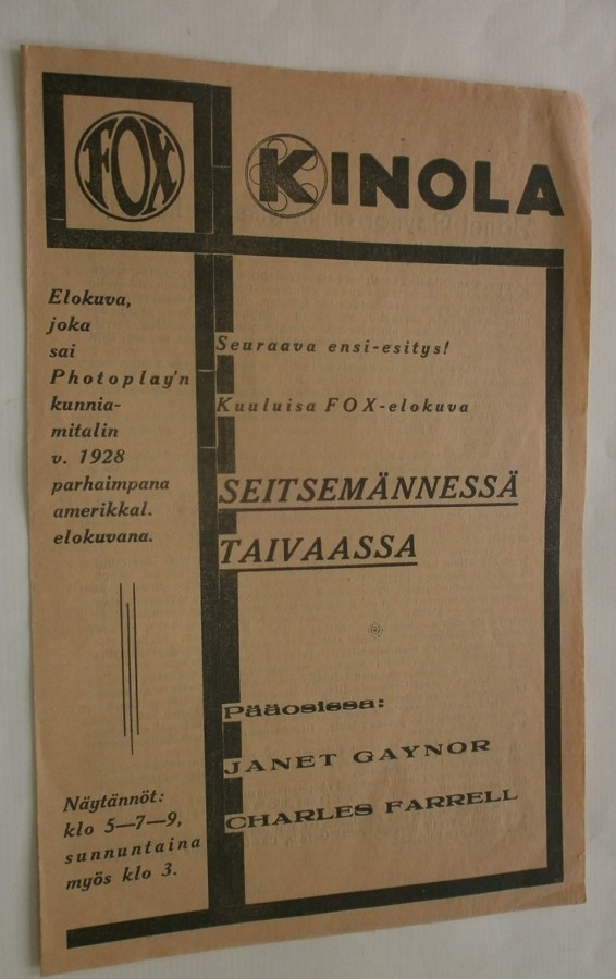 Seitsemännessä taivaassa -elokuvan käsiohjelma v. 1928