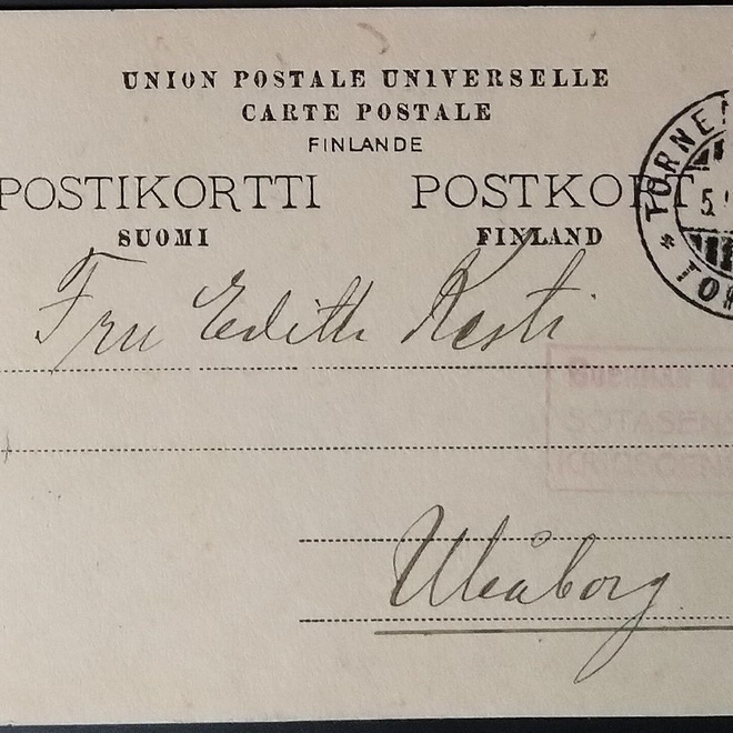Sensuroitu postikortti Tornio-kolmikielisellä leimalla 1915