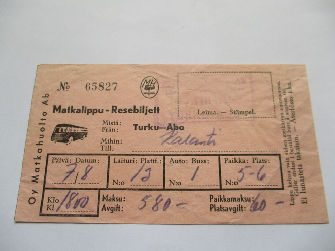 Linja- autolippu Turku - Kalanti 1961