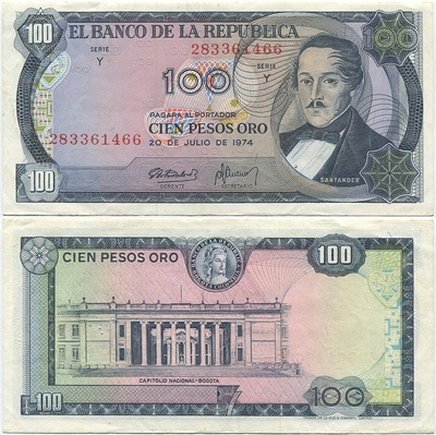 Kolumbia Colombia 100 Pesos 1974 (P-415) XF+