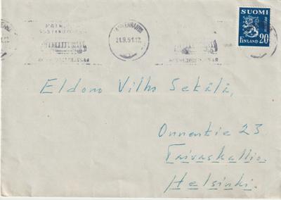 1951 20mk leijona kirjeessä Lappeenrannasta Helsinkiin