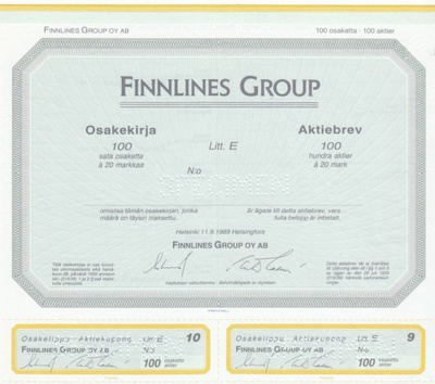 OKK 1989 Finnlines Group Oy spec, Helsinki pörssi osakekirj