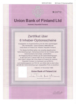 OKK obligatio SYP Union Bank of Finland optiotodistus Saksa