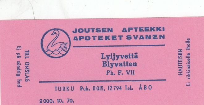 Lyijyvettä  Joutsen Apteekki , Turku ,  a50