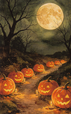 Halloween kurpitsat reunustavat polkua
