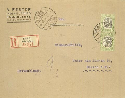 1921 2mk vihreä/musta pari kirjattu kirje Saksaan
