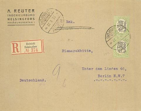 1921 2mk vihreä/musta pari kirjattu kirje Saksaan