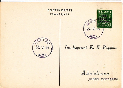 Postikortti Itä-Karjala Sot.Hallinto Kontokki Leima 1944