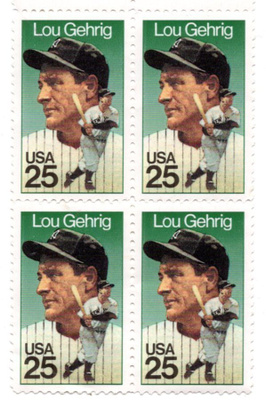USA POSTIMERKIT (1989), 4 kpl x Lou Gehrig 25c