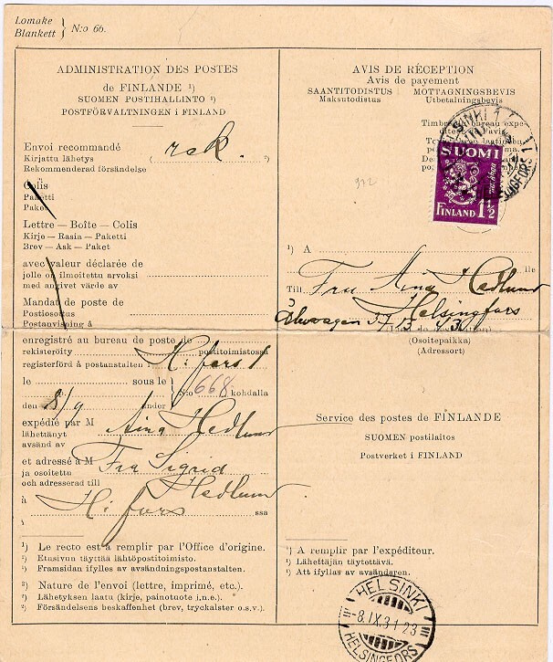 1930 1,5mk violetti saantitodistuksella