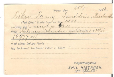 Vaasa,  v. 1923  firmakortti kotiseutukeräilijälle