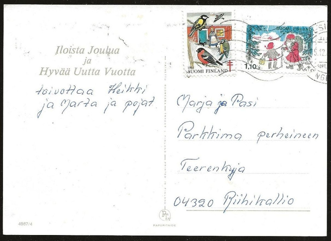 Tub Joulumerkki 1984 Talvilintuja kortilla
