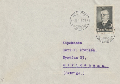 1946 Pres. J.K. Paasikivi merkin FDC-kirje Ruotsiin
