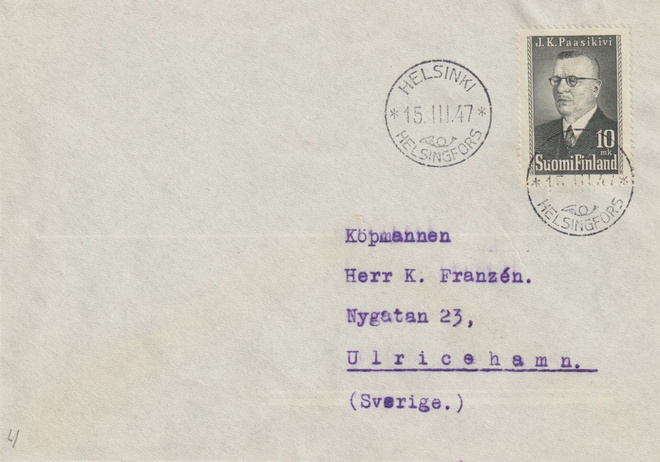 1946 Pres. J.K. Paasikivi merkin FDC-kirje Ruotsiin