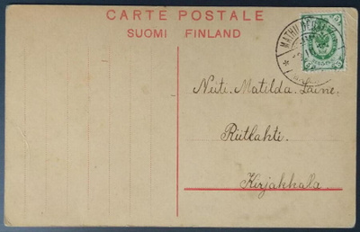 MATHILDEDAL/KIRJAKKALA, ruukkipostia 1911