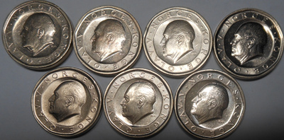 Norway. 10 kroner 1983-1989. 7 kpl erilaista.
