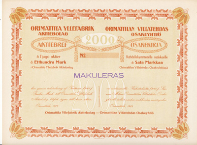 OKK 1919 Orimattilan Villatehdas Oy osakekirja